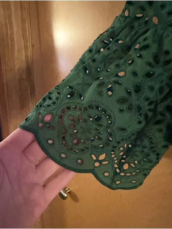 Veronica Beard Emmalyn Eyelet Flounce Top in Green - Ruffle Peplum/Bell Sleeve - Picture 5 of 11